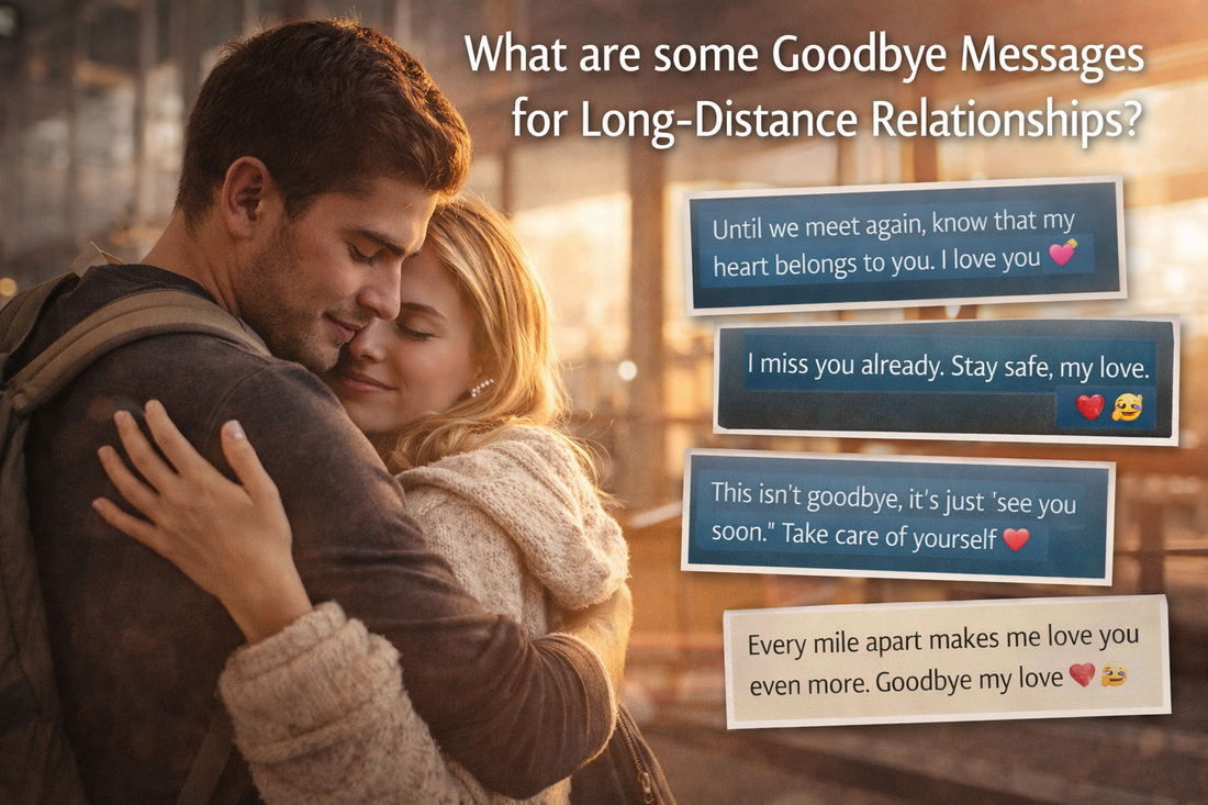 Couple hugging goodbye at train station with long distance relationship farewell message examples