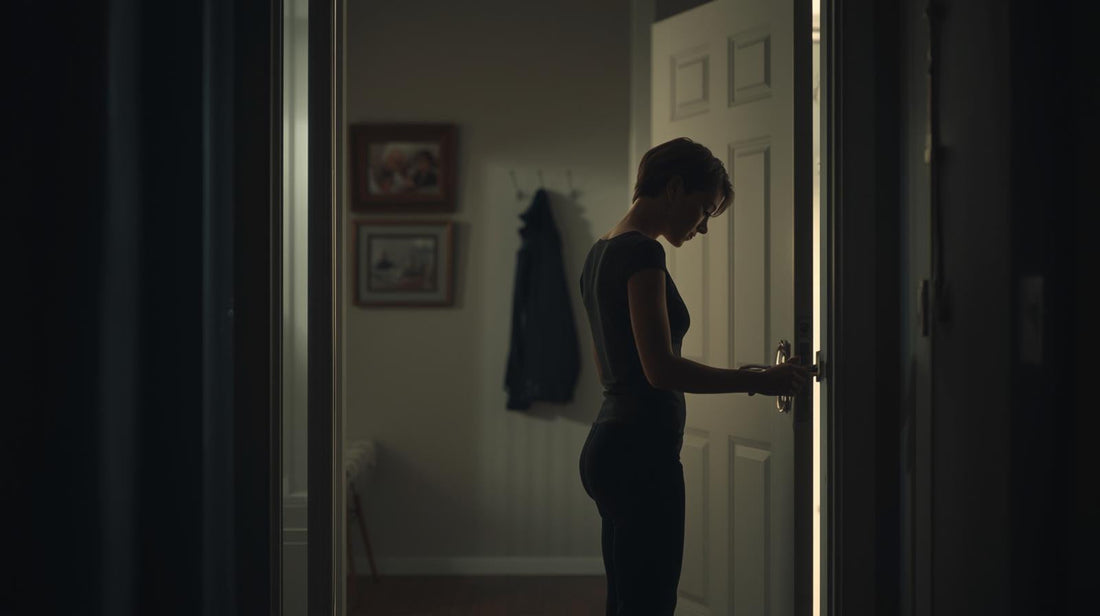 Woman standing inside a doorway with the door slightly open, hesitating before leaving, symbolizing the emotional paralysis and trauma bond in a narcissistic marriage