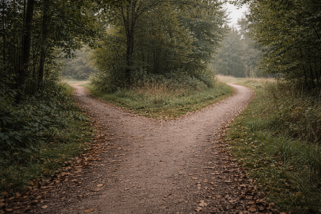 Quiet woodland path splitting into two directions in soft overcast light, symbolizing uncertainty between emotional healing and avoidance after a breakup