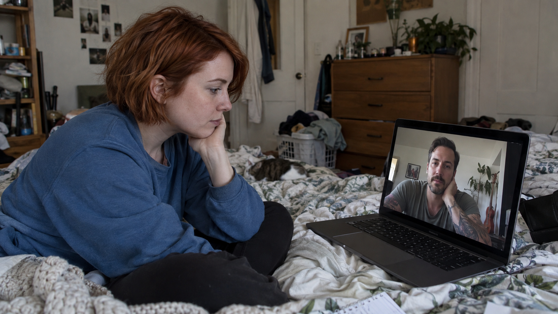 Short-haired red-haired woman in a blue sweatshirt having a serious video call with her tattooed long-distance partner, representing communication and relationship health in a long-distance relationship.