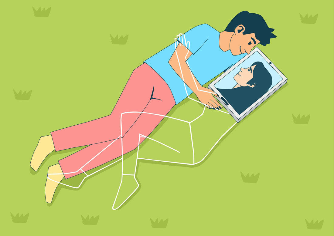 Illustration of a man embracing his partner through a tablet screen in a long-distance relationship.