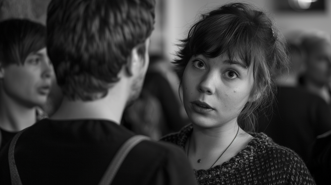 person distracted mid conversation after unexpectedly hearing a familiar name