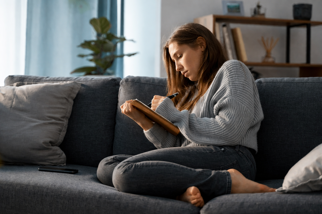 heartbroken woman sitting on sofa writing breakup letter