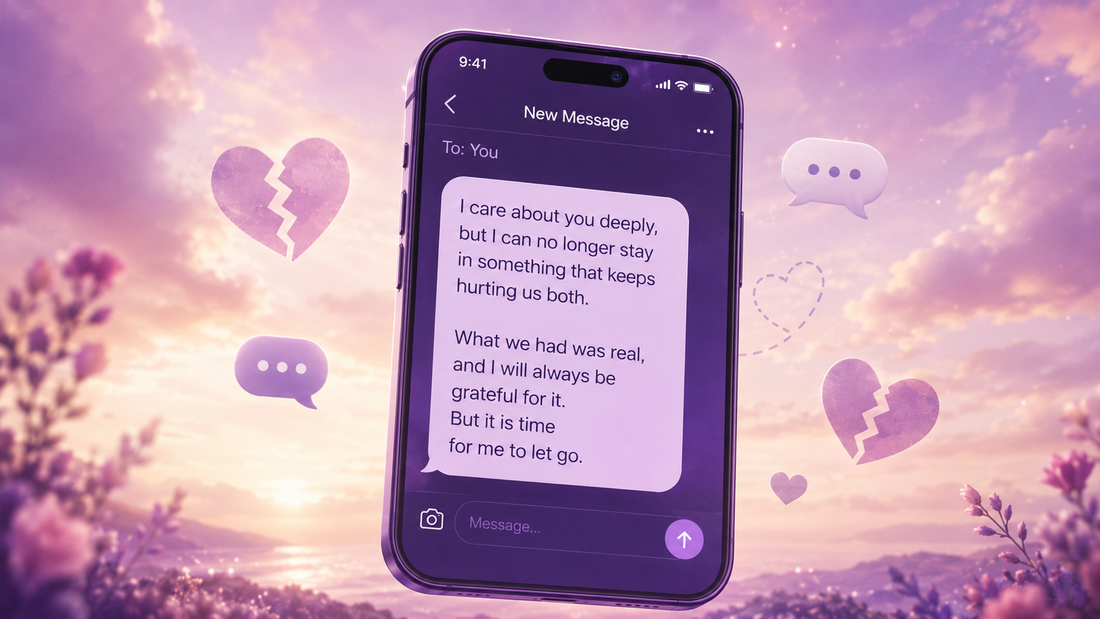 Purple illustration of a smartphone displaying a heartfelt breakup message surrounded by broken hearts and soft message icons.