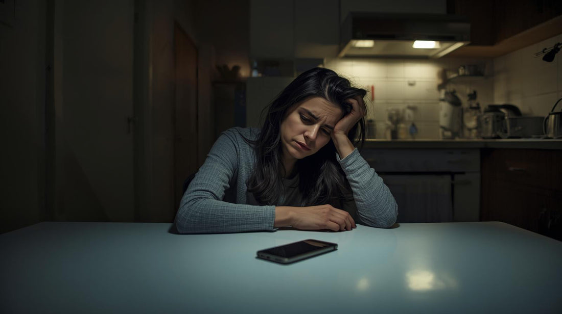 Woman sitting alone at kitchen table at night looking exhausted while dealing with husband’s drinking