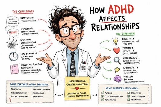 Cartoon neuroscientist explaining how ADHD affects relationships, including communication challenges, emotional regulation, attention, strengths, and connection.