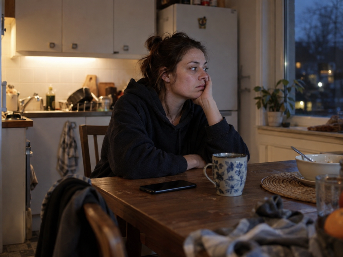 woman sitting at kitchen table wondering if she is settling in her relationship