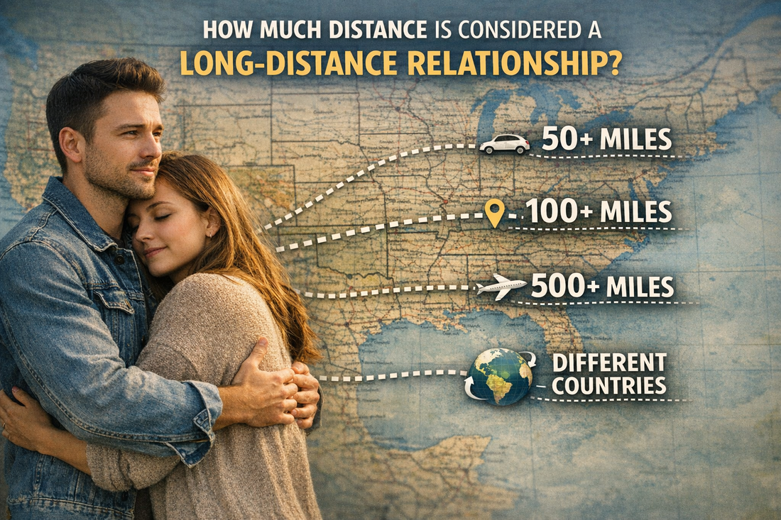 Couple embracing with map background infographic explaining what distance is considered a long-distance relationship
