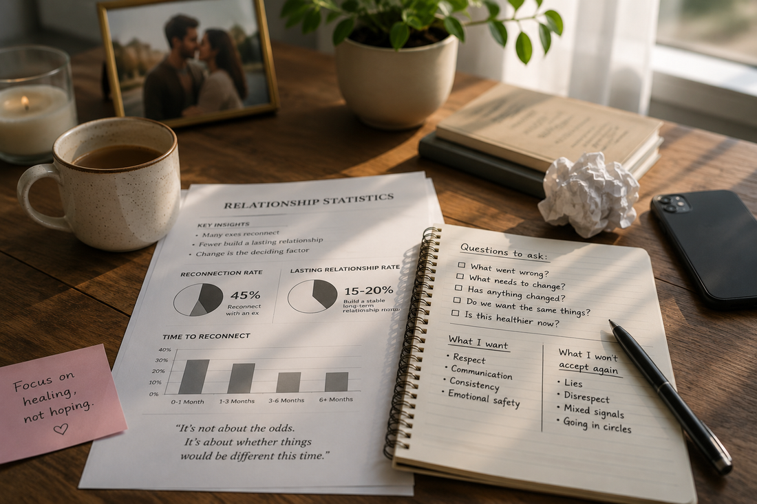Desk with relationship statistics, notebook questions, phone, coffee, and an old couple photo, suggesting uncertainty about whether exes get back together and whether a second chance would last.