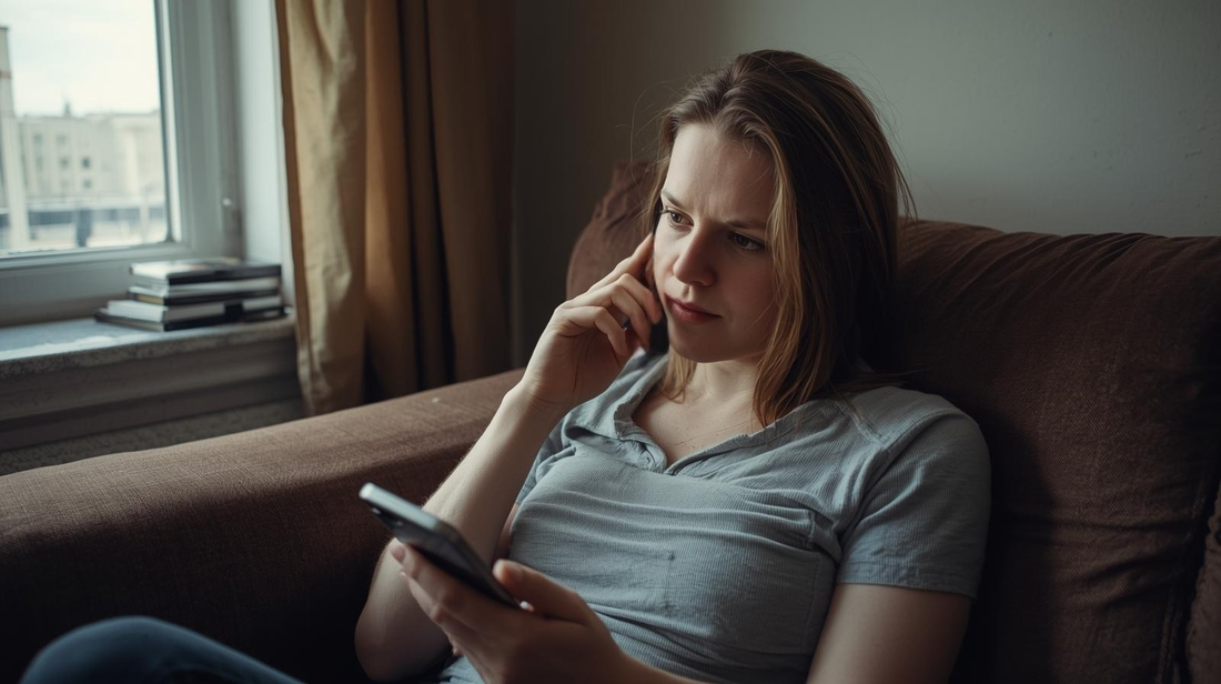Young woman sitting alone by a window in soft natural light, thoughtful and emotionally distant in a quiet apartment