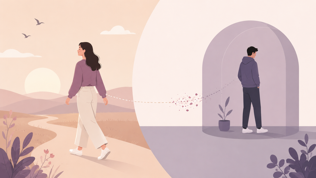 Illustration of a person walking away as an emotionally distant avoidant partner remains withdrawn, symbolising healthy detachment and letting go.