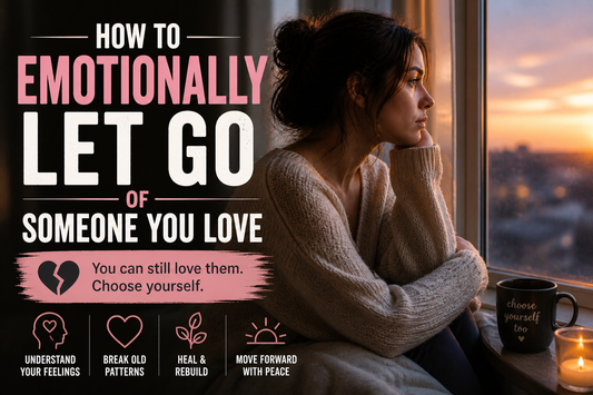 Woman sitting by a window at sunset reflecting on how to emotionally let go of someone she still loves after a breakup