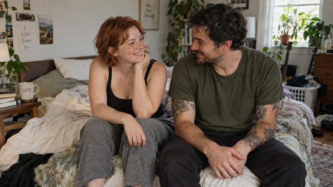 Red-haired woman smiling comfortably with her tattooed partner on a bed, representing sexual confidence, trust and emotional connection.