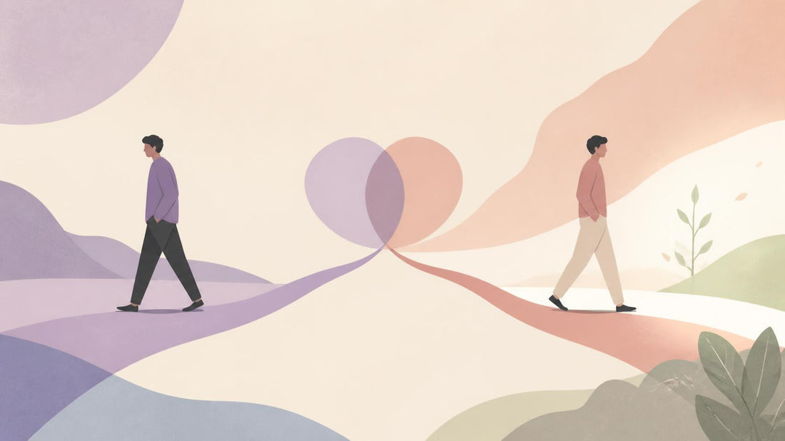 Two abstract male figures walking away from a shared point as a ribbon splits into two paths, symbolizing recovery after a gay breakup.