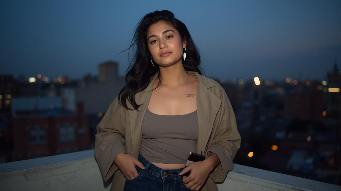 rendy pierced young woman standing on balcony at dusk holding her phone calmly after a breakup
