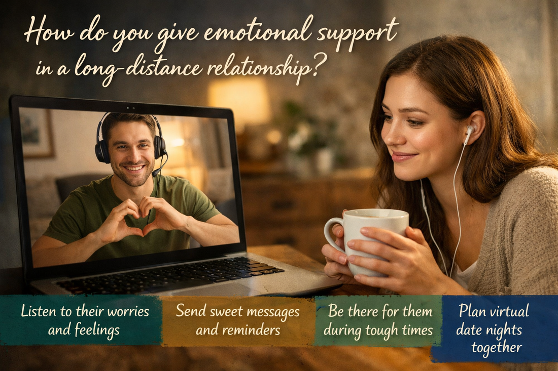 Woman listening on video call offering emotional support in long distance relationship with partner on laptop