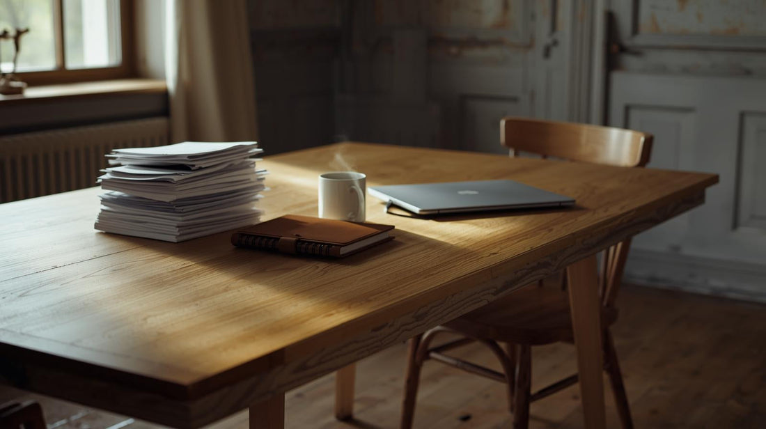 Dining table with stacked papers, notebook, laptop, and coffee mug on one side and an empty chair on the other, symbolizing emotional labor imbalance in a marriage with a narcissistic husband