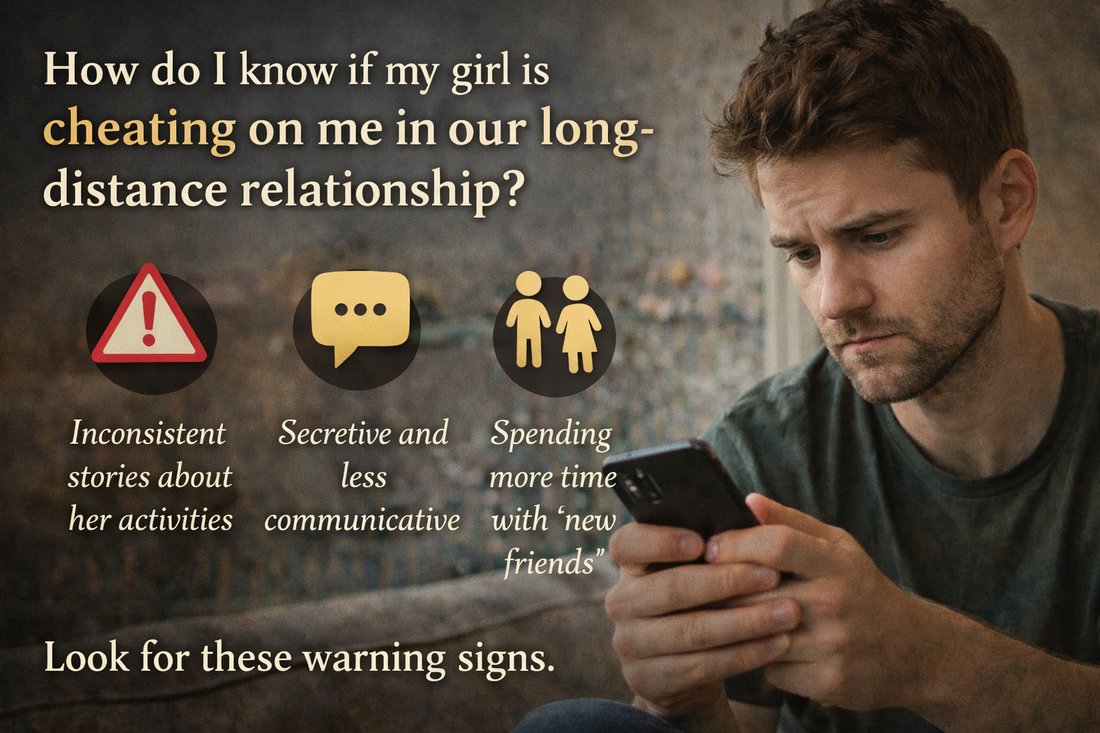 Man looking worried at phone in long distance relationship wondering if girlfriend is cheating