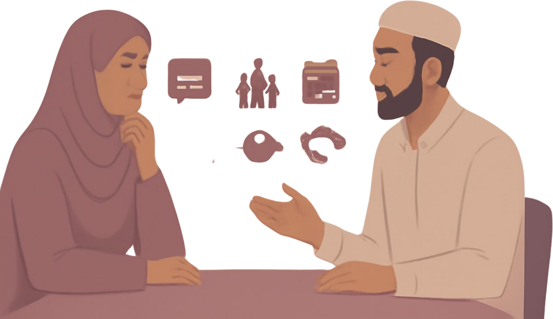 Modestly dressed Muslim man and woman having a serious conversation at a table with symbols showing steps toward marriage in Islam.