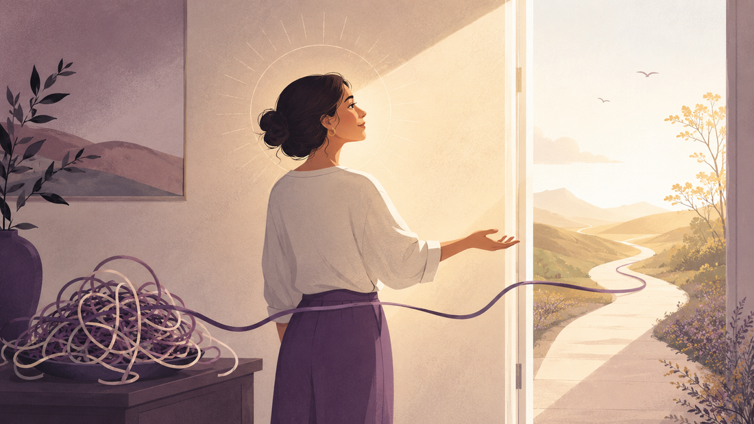 Flat editorial illustration of a woman having a quiet moment of realization beside an open door, with tangled threads behind her and a clear path ahead, symbolizing knowing when to let go of someone.