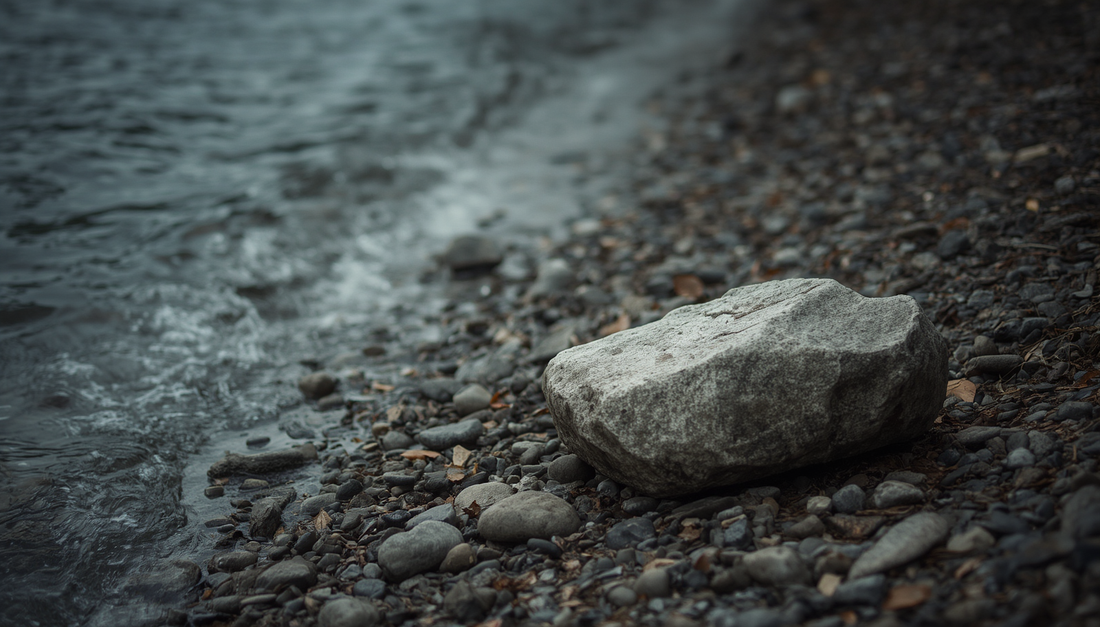 A heavy stone beside a quiet riverbank symbolizing the process of letting go of anger.