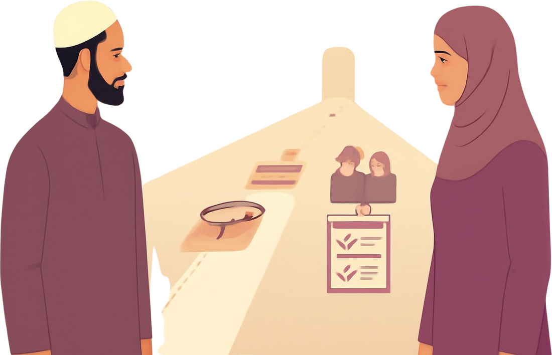 How to make a haram relationship halal illustration showing a modest Muslim couple on a pathway from private contact to prayer, family meeting, and nikah.