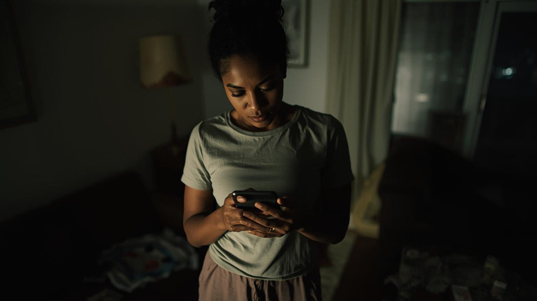 Pierced young woman sitting on bedroom floor at night holding her phone and resisting the urge to text her ex