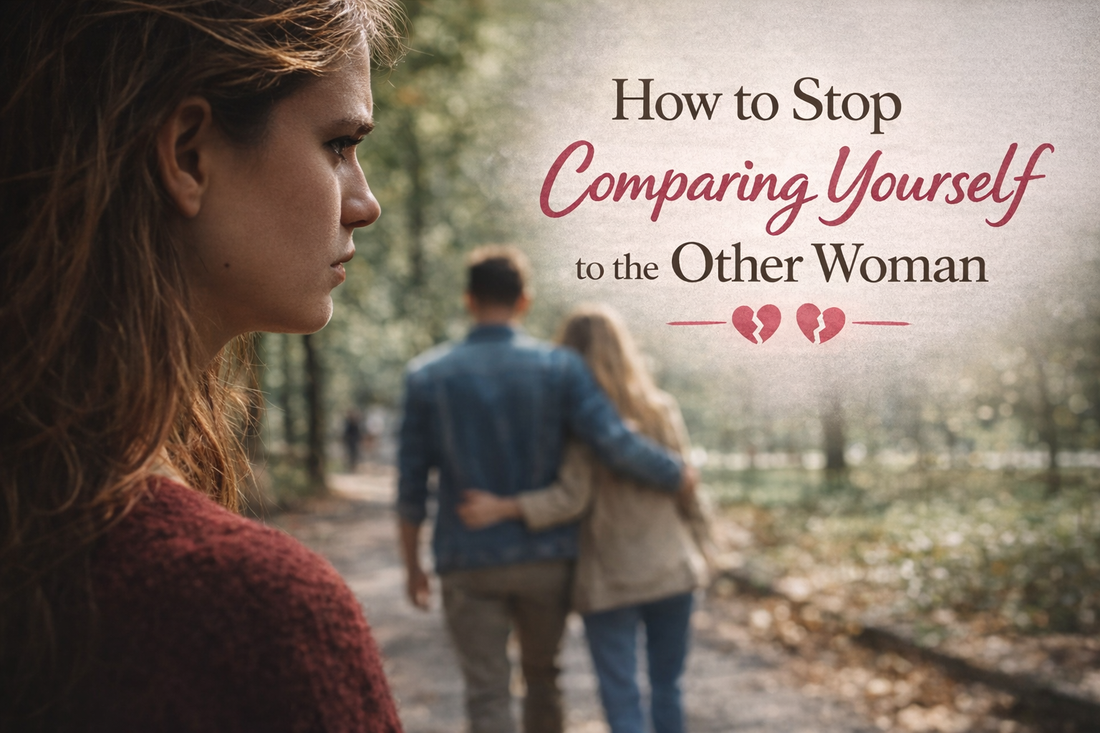 Woman watching her ex walk away with another woman representing comparison after a breakup