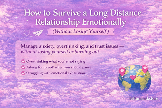 How to survive a long distance relationship emotionally featured image with pink sky background, showing tips about managing anxiety, overthinking, and emotional burnout in long distance love