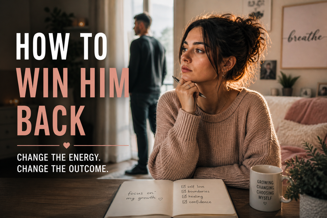 Woman sitting at a desk reflecting on personal growth while her ex stands in the background, symbolizing emotional change and rebuilding self-worth after a breakup