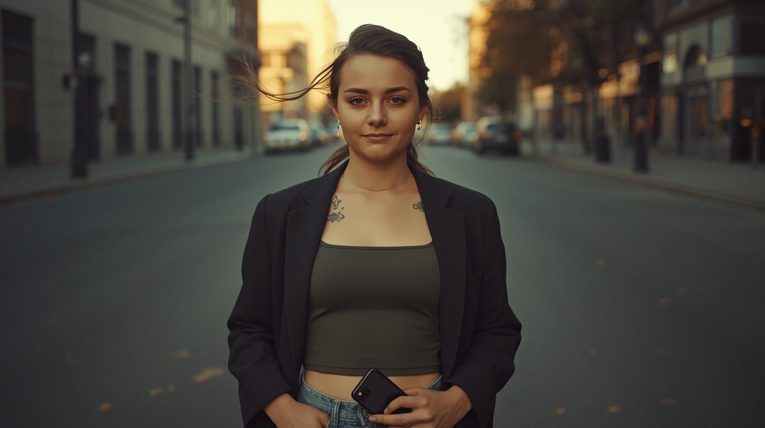 Trendy pierced young woman standing confidently on city street at golden hour holding her phone calmly after a breakup