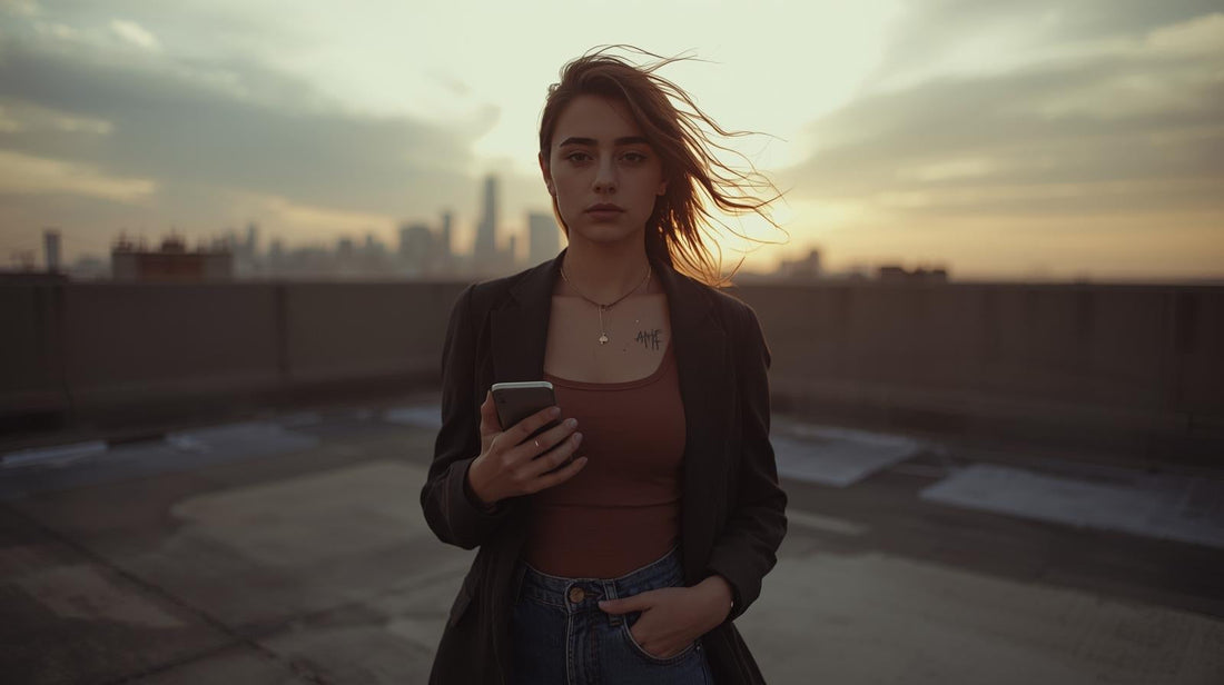 Trendy pierced young woman standing confidently on rooftop at sunset holding her phone calmly after breakup
