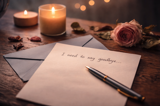 Unsent breakup letter on a wooden table with a pen, candle, and dried rose petals, symbolizing quiet closure and letting go.