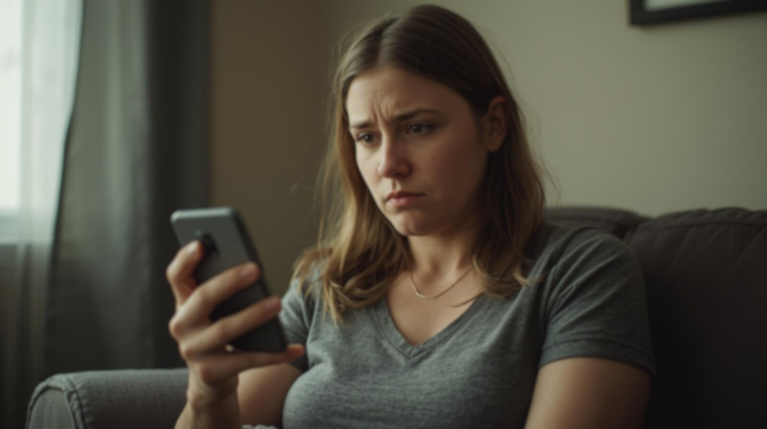 Woman looking at her phone, unsure how to interpret whether her ex misses her.