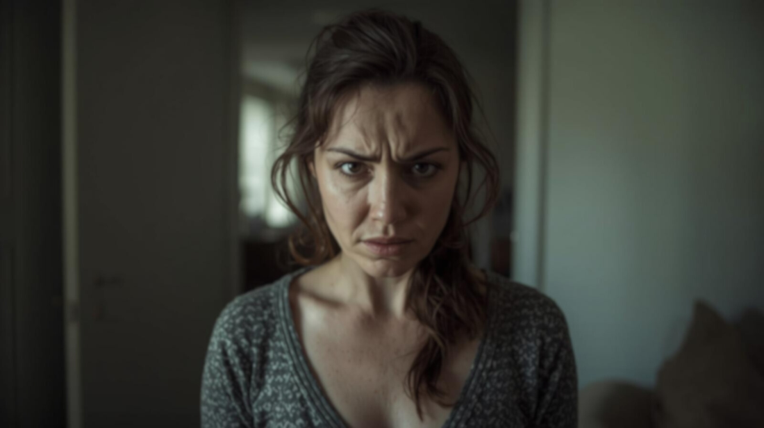 Woman standing with controlled anger, holding in feelings of revenge after a breakup.