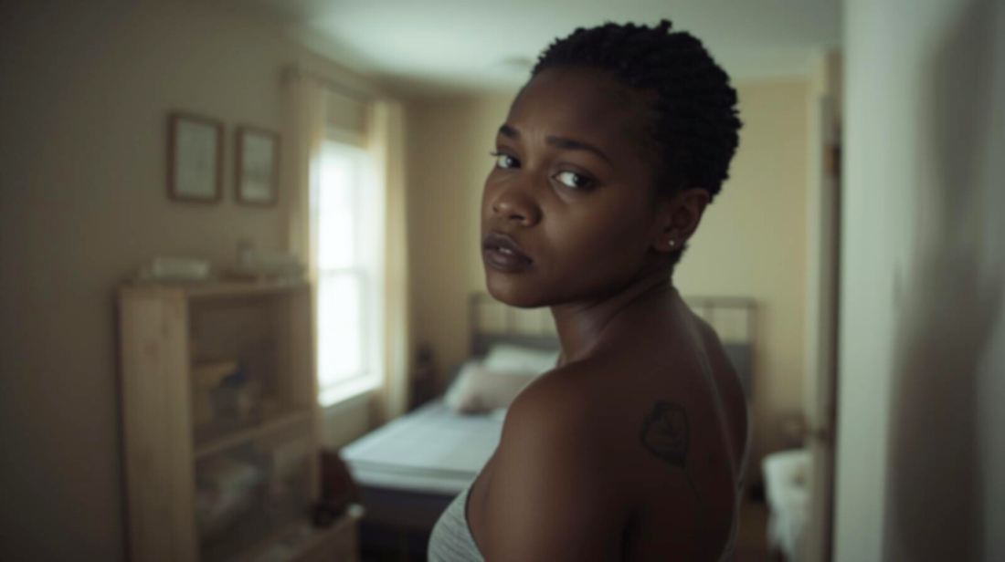 Woman standing with quiet tension, aware of the anger she is still holding.