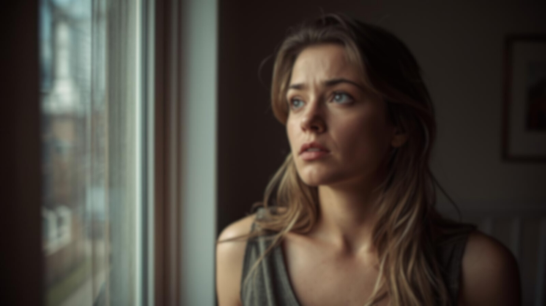 Woman standing by a window, wondering if her absence will make her ex remember her.