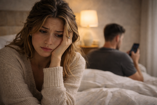 Woman sitting on bed looking distressed while partner in background on phone representing intrusive thoughts after cheating