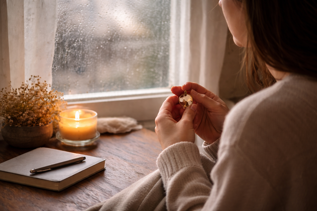 Woman sitting quietly by a rain-streaked window with a closed notebook, candle, and locket, reflecting in silence.