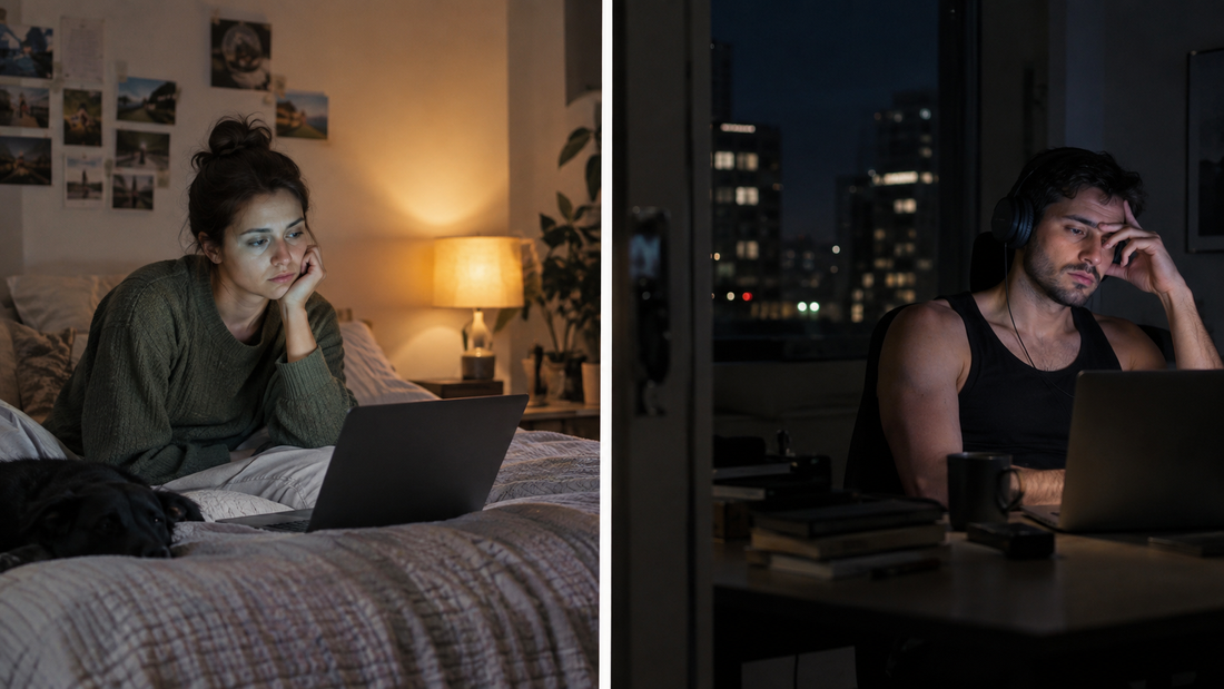 Long-distance couple in separate rooms at night looking emotionally disconnected during a video call, representing growing distance and disconnection in a long-distance relationship