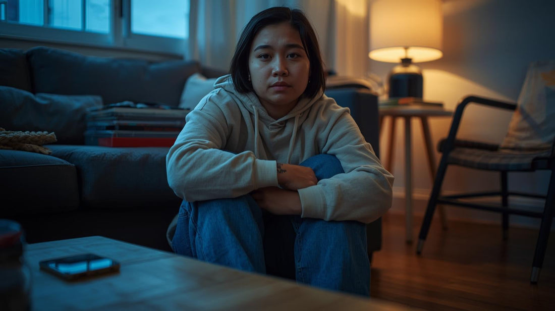 Young woman sitting alone on the floor of a dimly lit living room, hugging her knees and staring ahead, conveying loneliness, heartbreak, emotional exhaustion, and the lingering pain of missing someone after a breakup.