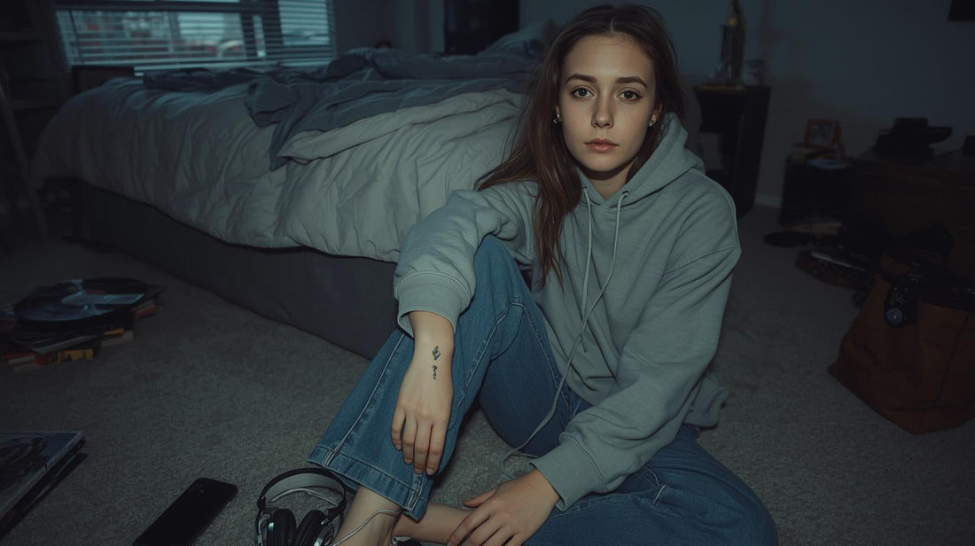 Young pierced and lightly tattooed woman sitting on bedroom floor at night in quiet reflection, phone beside her, modern subtle heartbreak scene