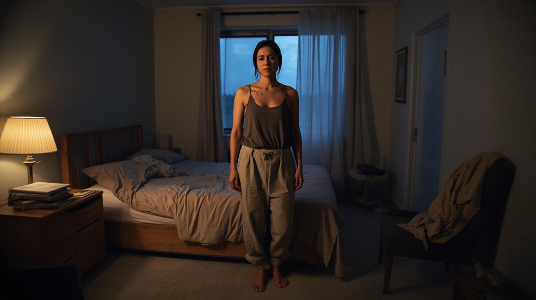 Woman in her mid 30s standing in soft morning light beside an unmade bed, quietly feeling the absence of her former lover