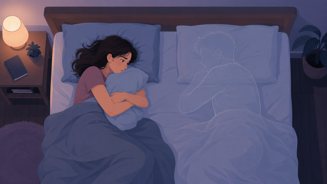 Illustration of a woman hugging a pillow beside the faint outline of her ex, representing missing sex and physical intimacy after a breakup.