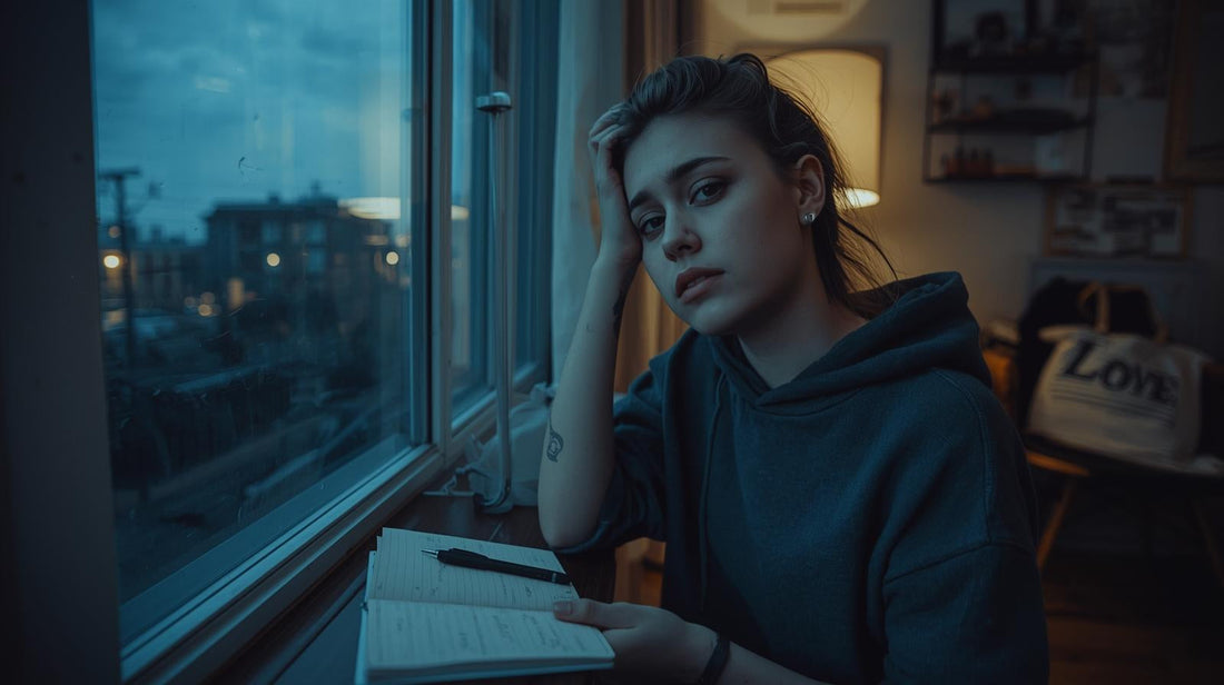 Tattooed young woman writing in notebook on her bed at night, quietly missing someone beyond words