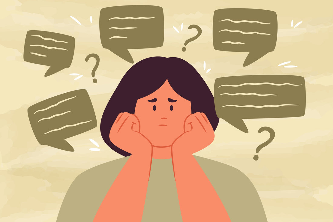 Illustration of a worried woman surrounded by speech bubbles and question marks, symbolising feeling confused about why breakup recovery is taking longer than expected.