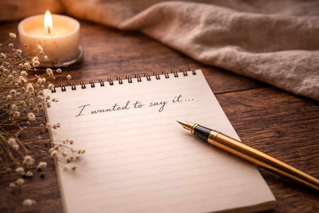 Handwritten note reading “I wanted to say it” on a notebook beside a pen and candle in soft light.