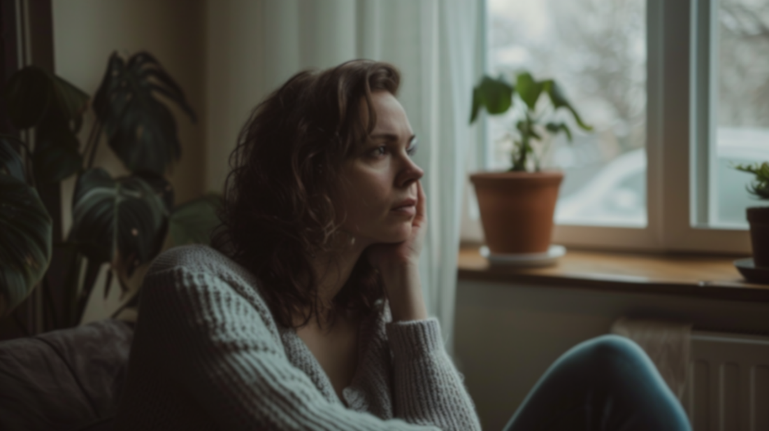 Woman sitting quietly, acknowledging she still loves her ex.