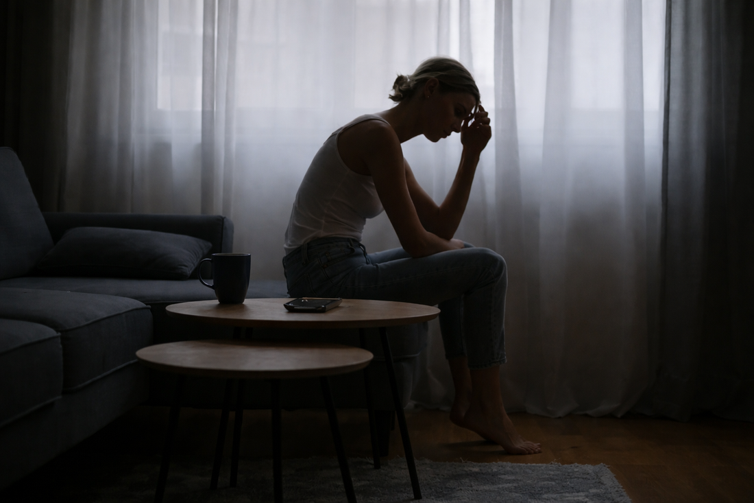 Woman sitting alone with her hand near her chest, feeling the physical pain of missing her ex.