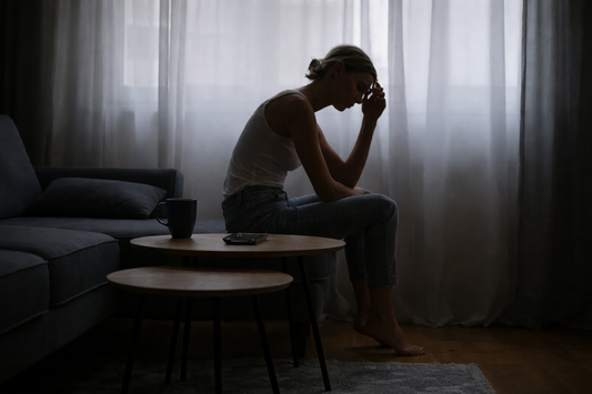 Woman sitting alone with her hand near her chest, feeling the physical pain of missing her ex.